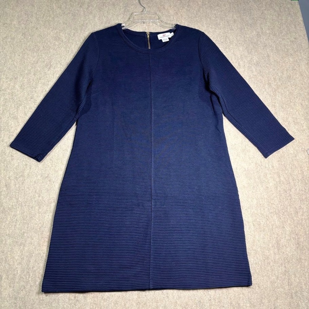 Vineyard Vines Dress Womens Large Navy Blue Cotton Ribbed Shift Preppy Coastal L